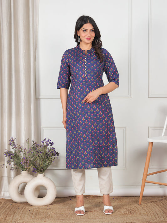Soft Cotton Floral Straight Blue Kurta