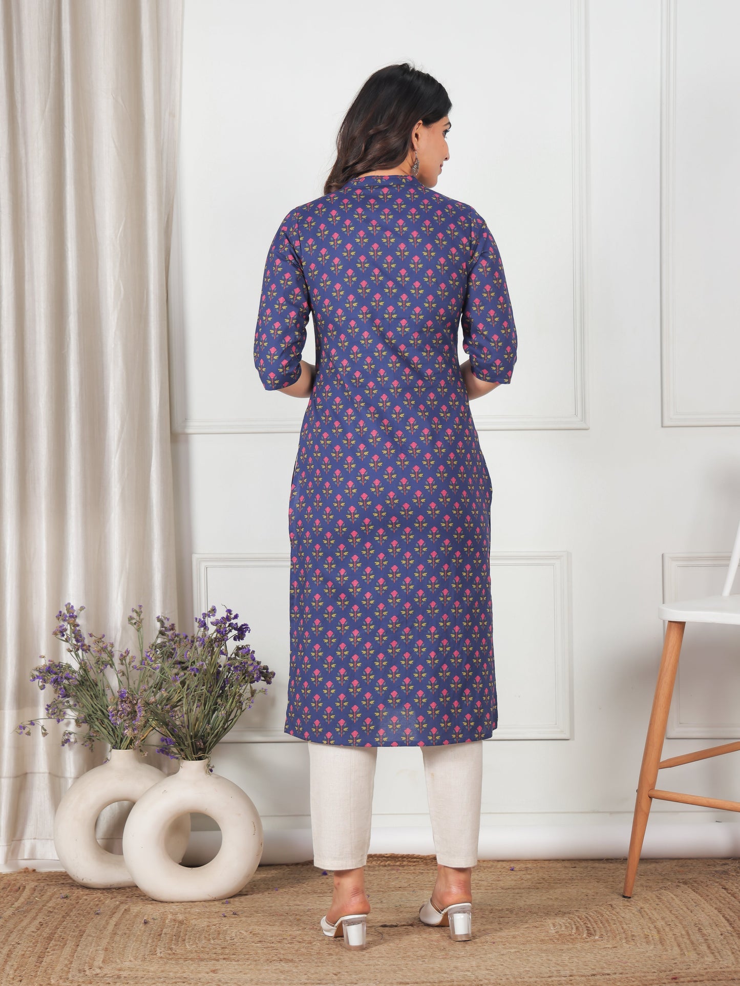 Soft Cotton Floral Straight Blue Kurta