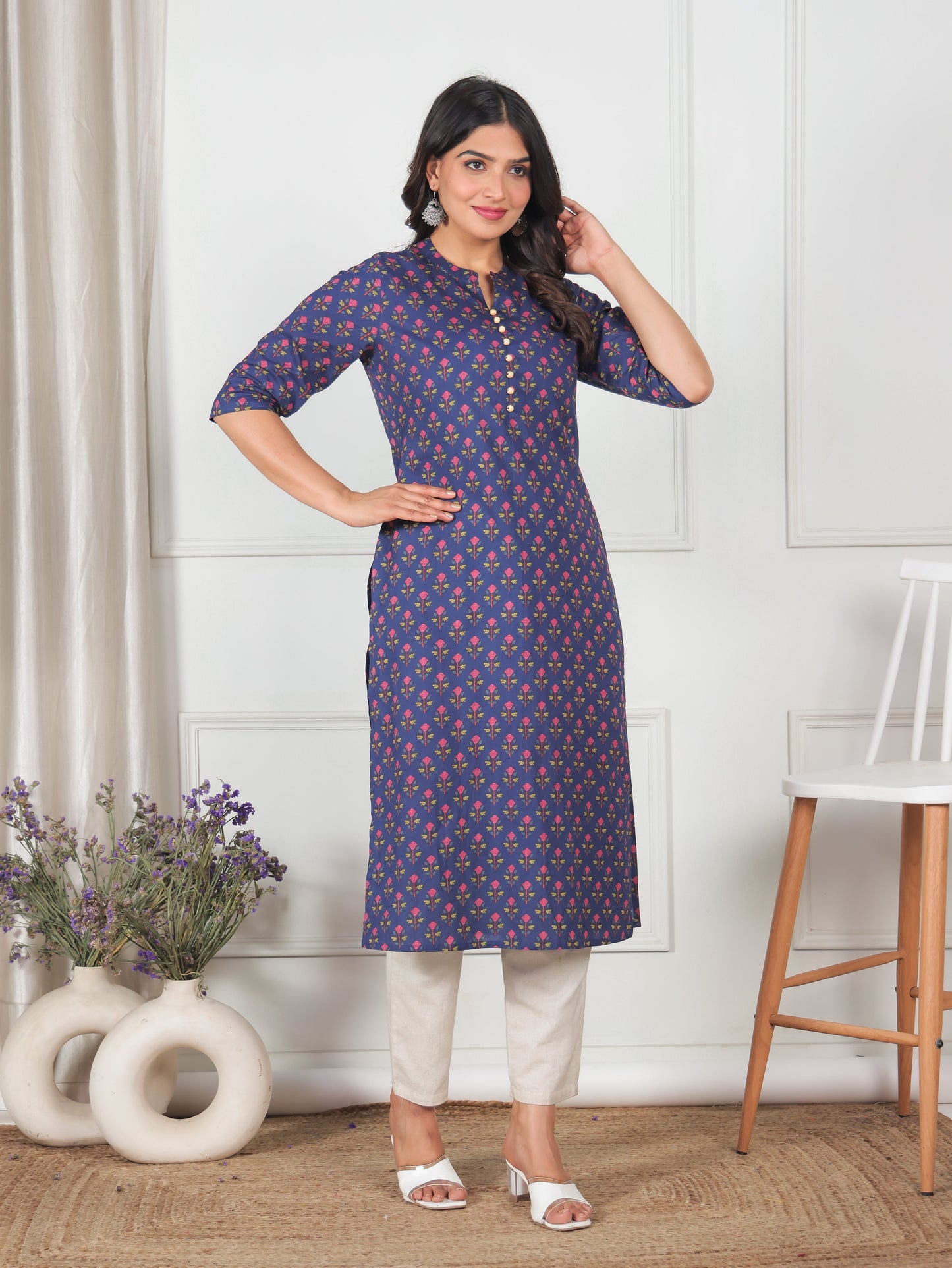 Soft Cotton Floral Straight Blue Kurta