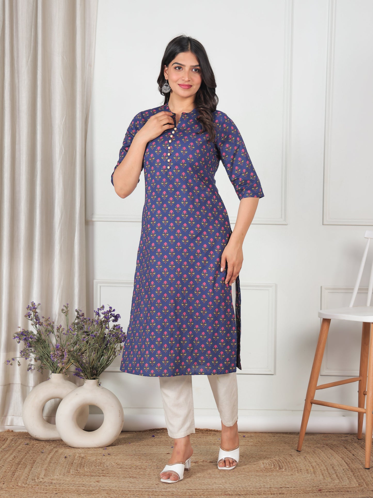 Soft Cotton Floral Straight Blue Kurta