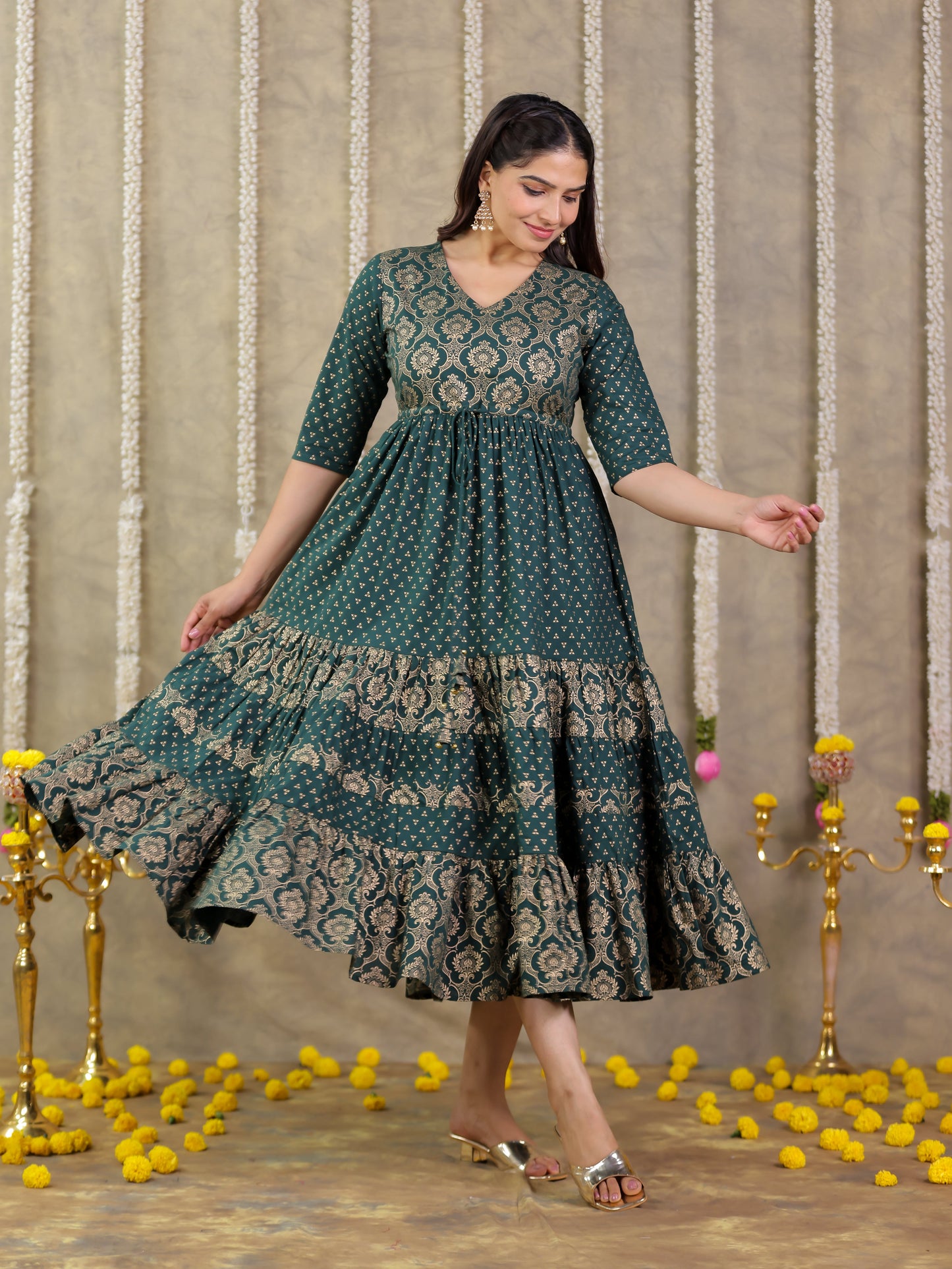 Soft Cotton Gold foil A-line Green Dress