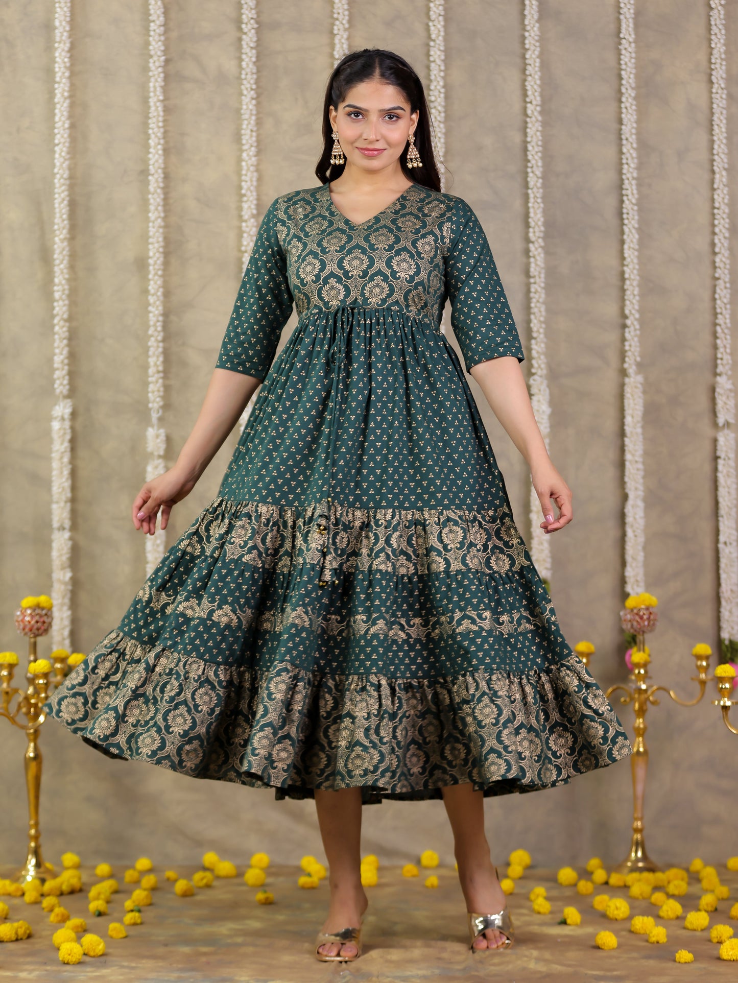 Soft Cotton Gold foil A-line Green Dress