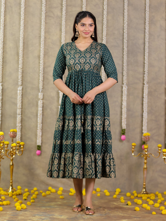 Soft Cotton Gold foil A-line Green Dress
