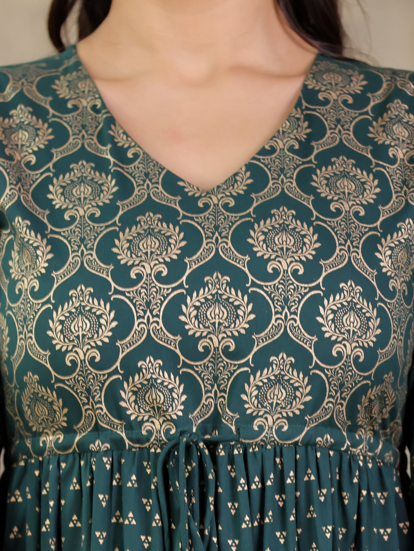 Soft Cotton Gold foil A-line Green Dress