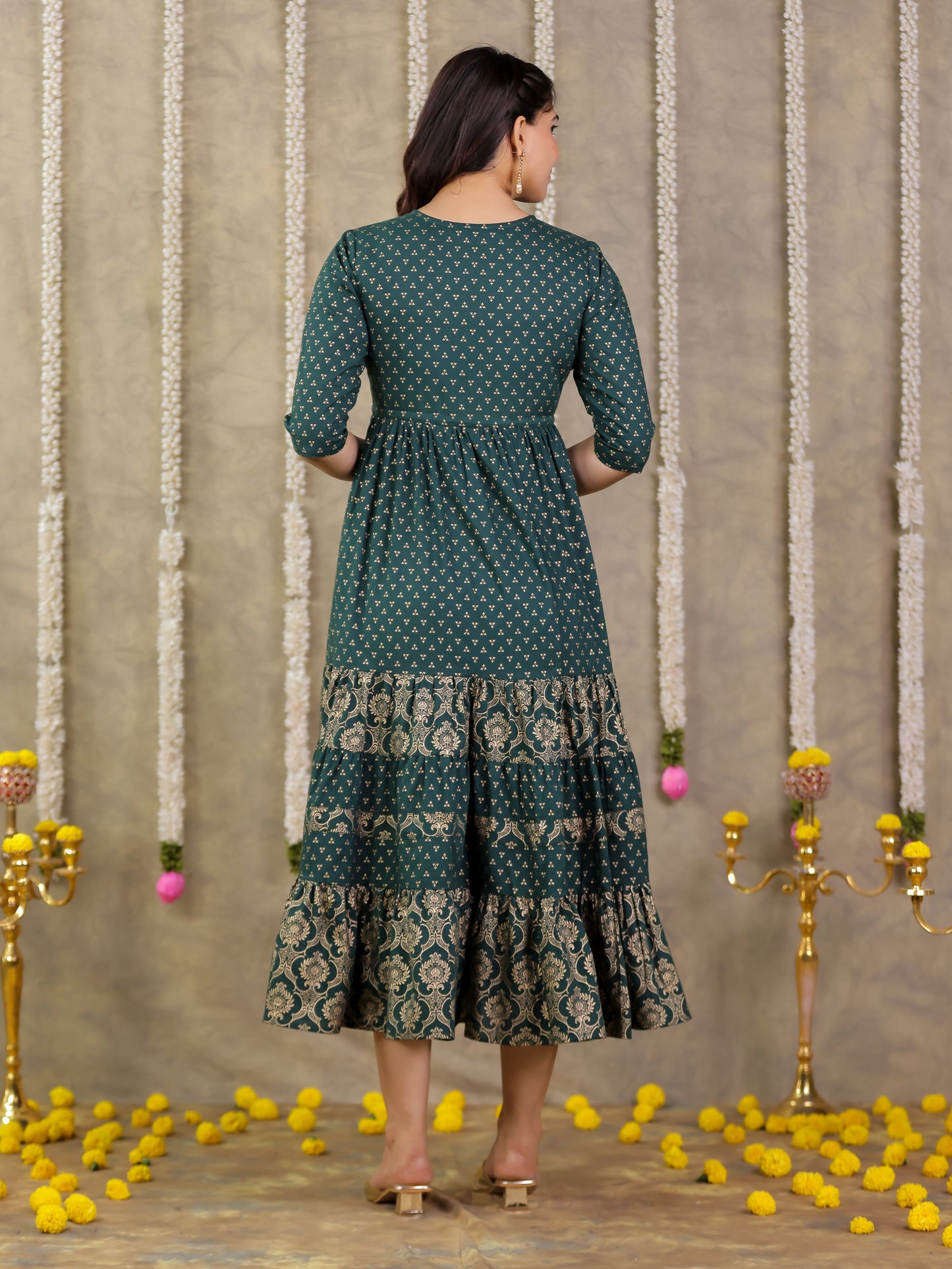 Soft Cotton Gold foil A-line Green Dress