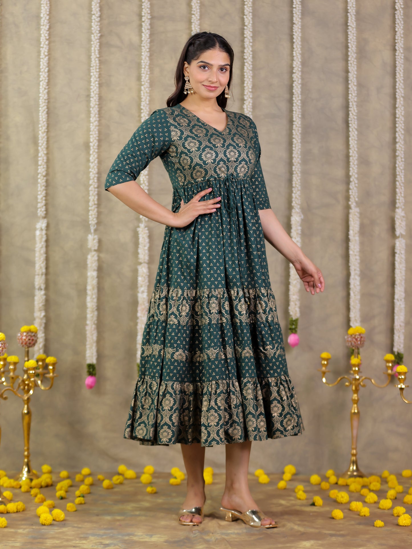 Soft Cotton Gold foil A-line Green Dress