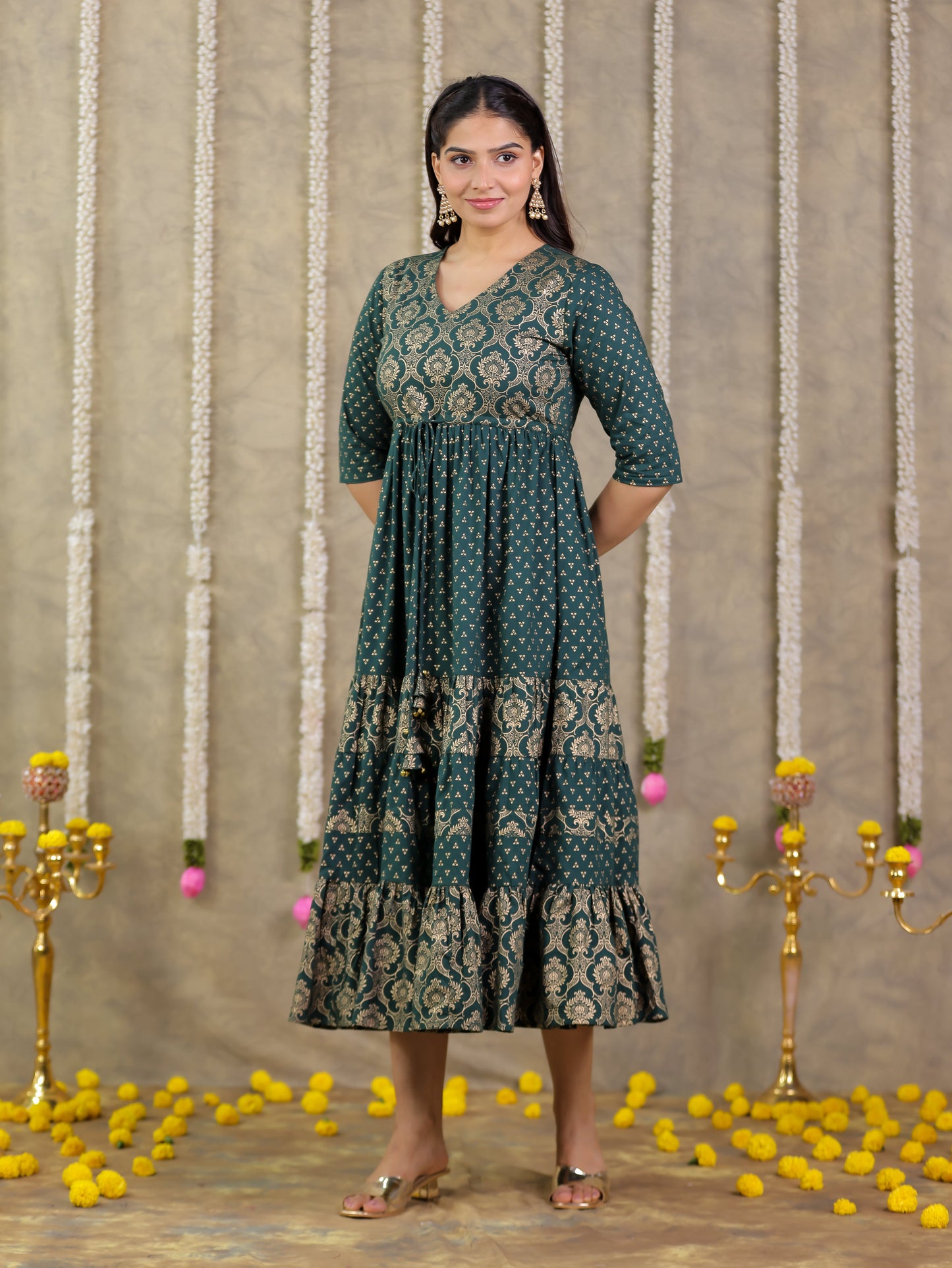 Soft Cotton Gold foil A-line Green Dress