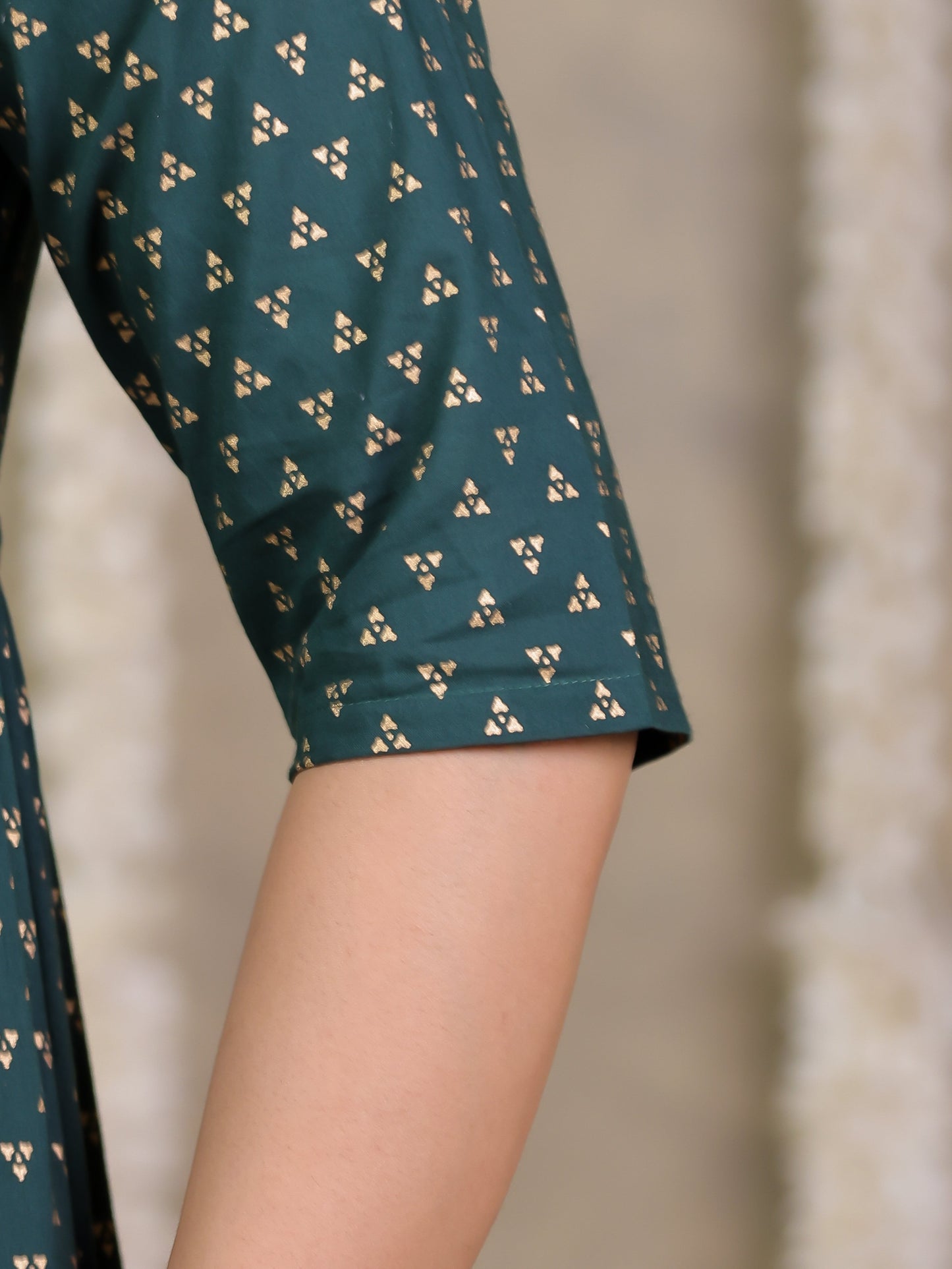 Soft Cotton Gold foil A-line Green Dress
