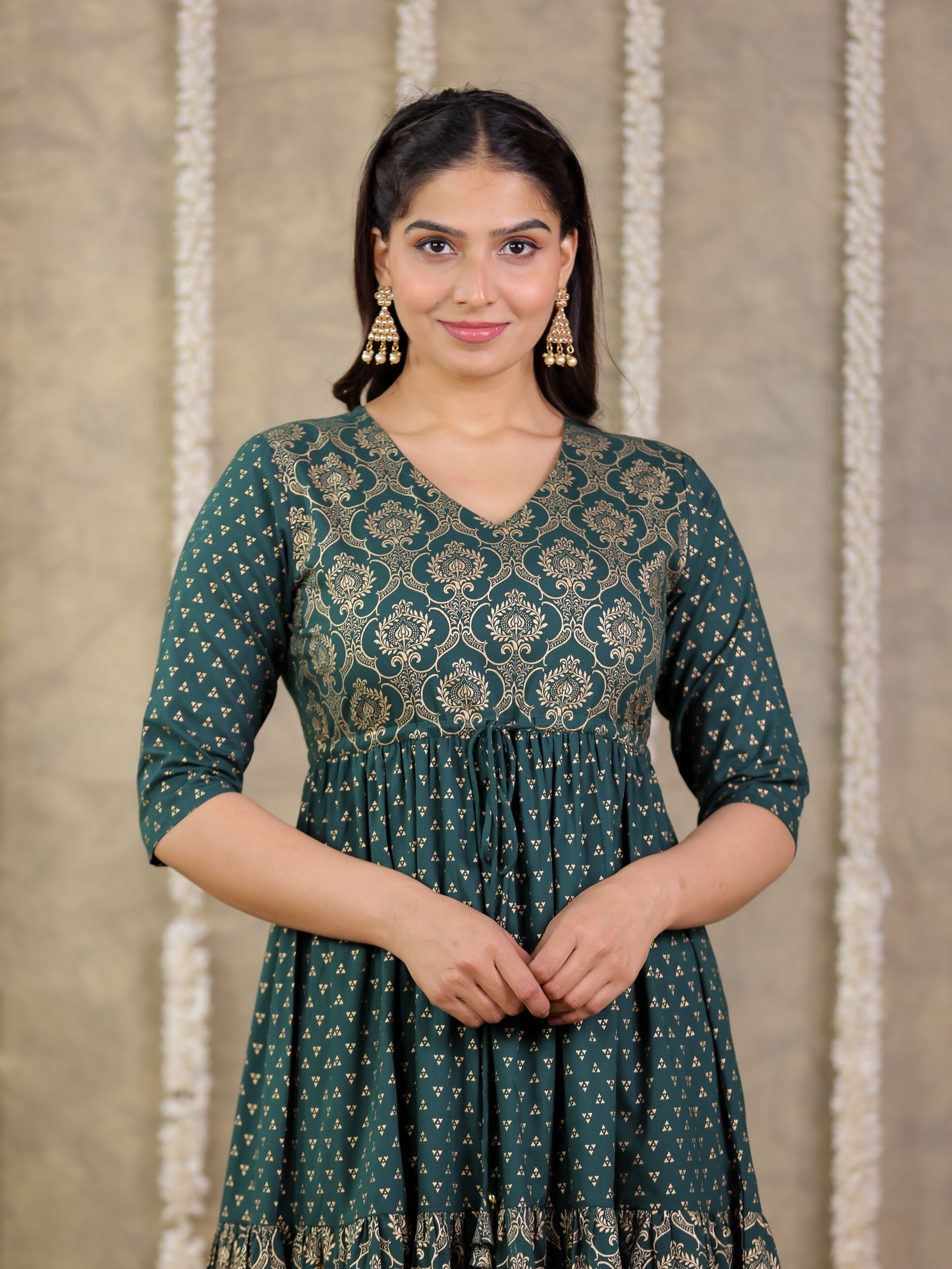 Soft Cotton Gold foil A-line Green Dress