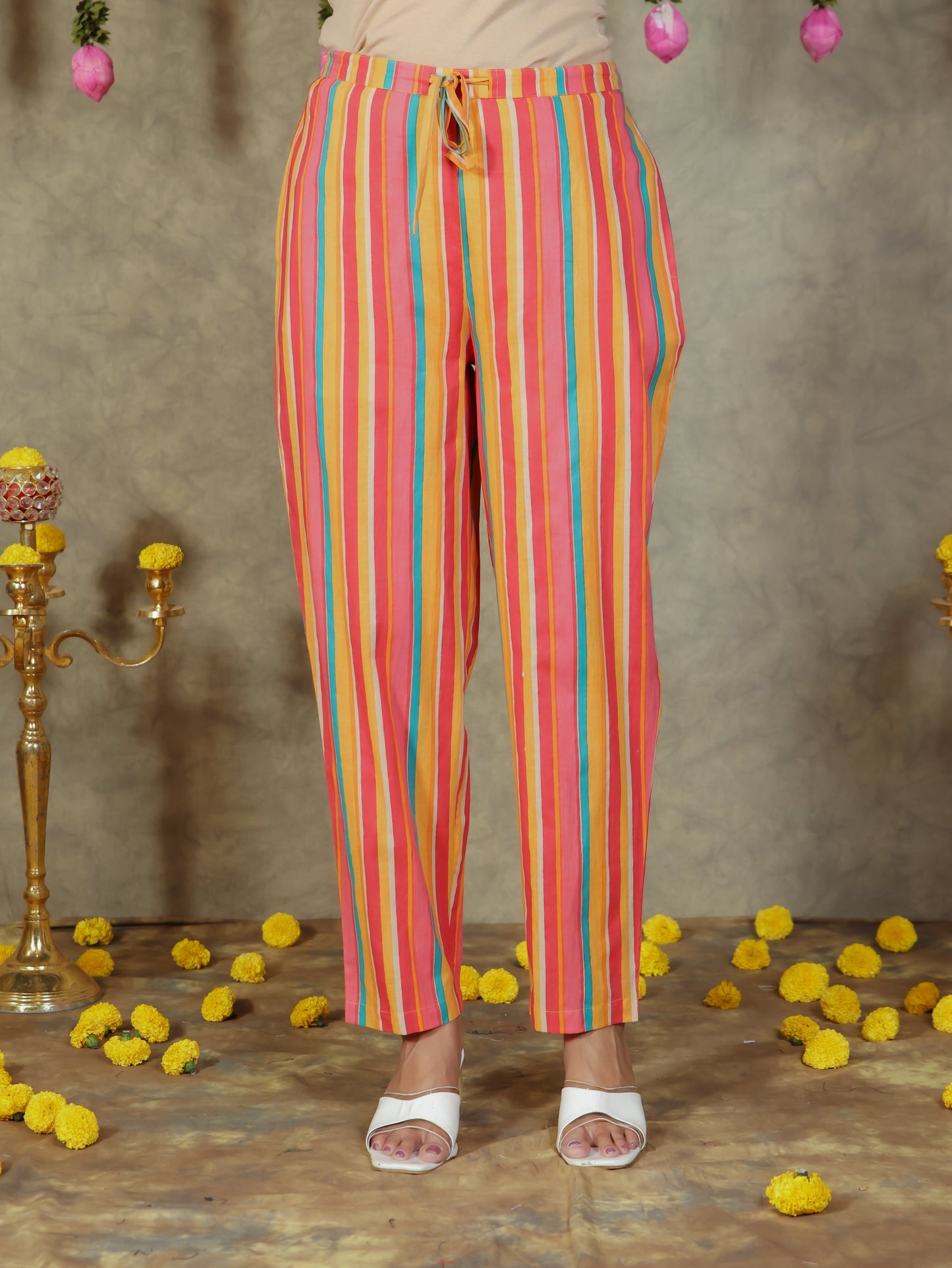 Soft Cotton Striped Yellow Tapered Trousers
