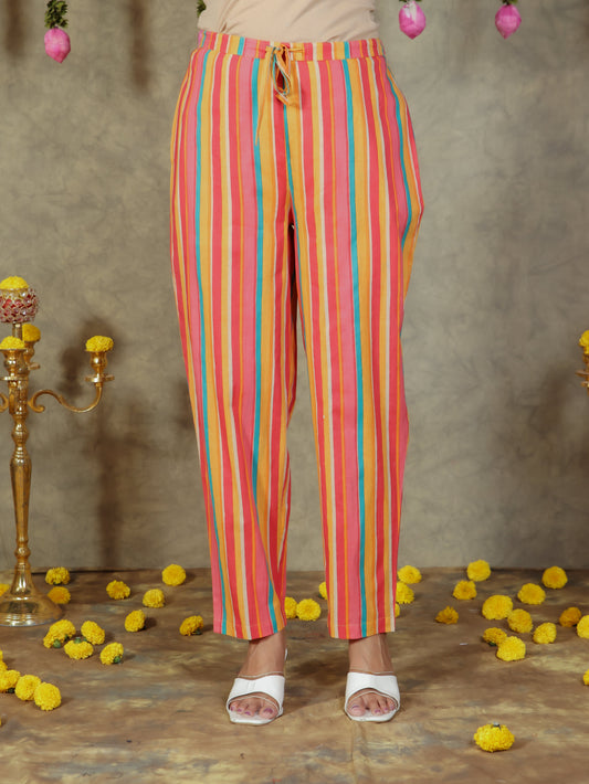 Soft Cotton Striped Yellow Tapered Trousers