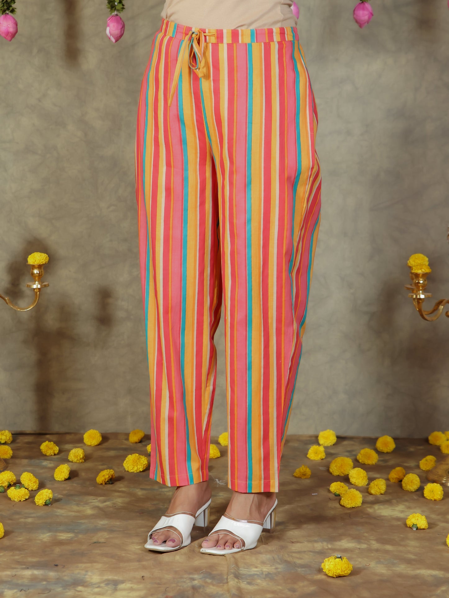 Soft Cotton Striped Yellow Tapered Trousers