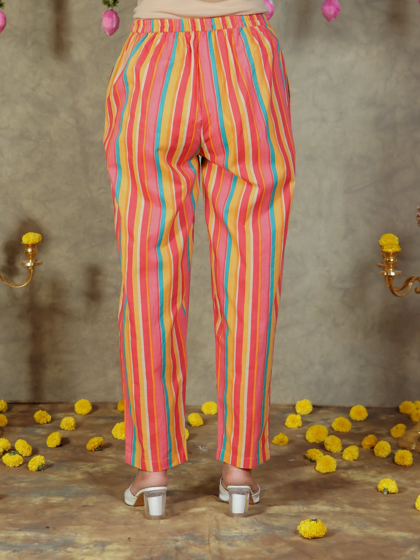 Soft Cotton Striped Yellow Tapered Trousers