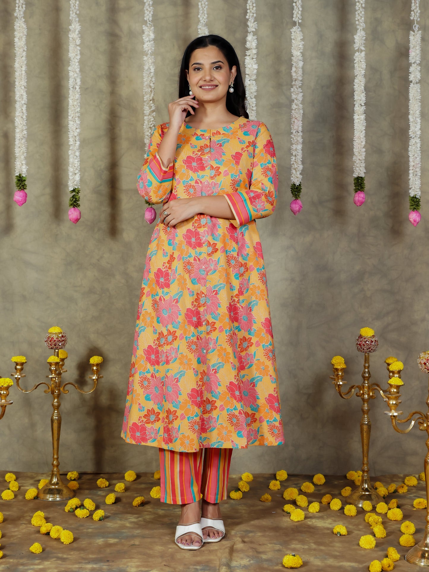 Soft Cotton Floral A-line Yellow Kurta