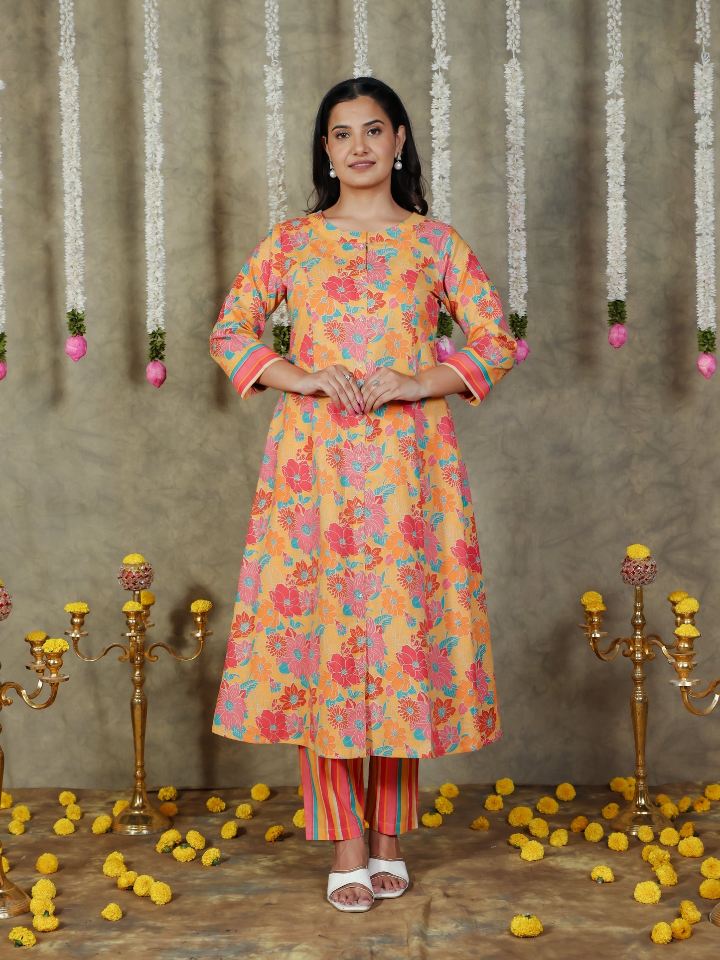 Soft Cotton Floral A-line Yellow Kurta