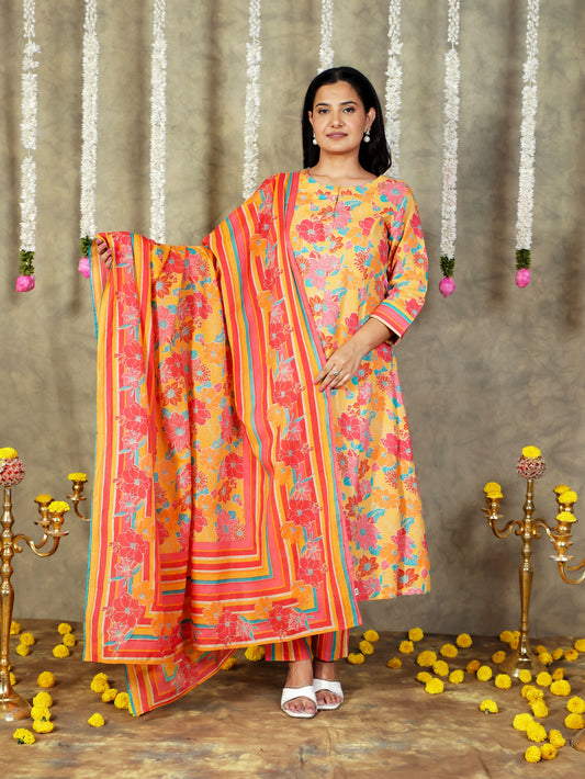 Soft Cotton Floral A-line Yellow Kurta
