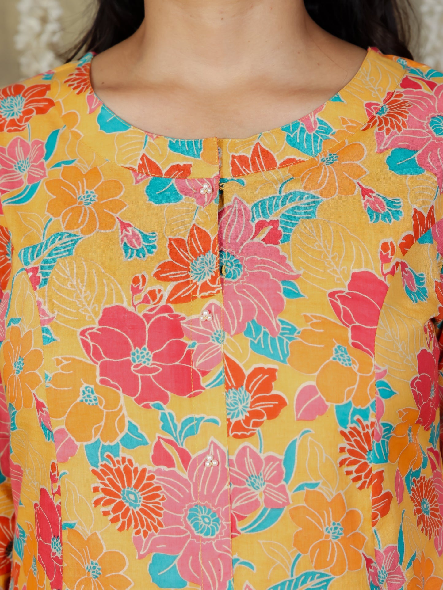 Soft Cotton Floral A-line Yellow Kurta