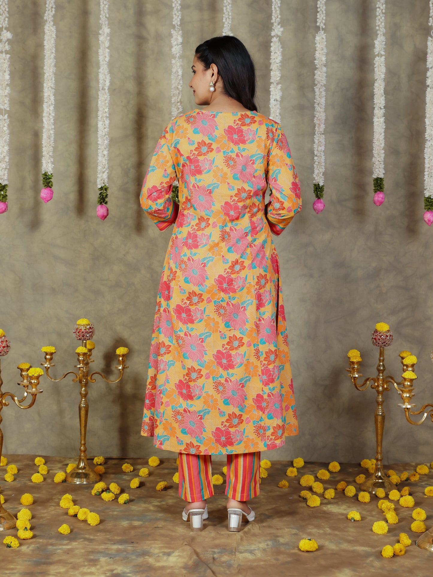 Soft Cotton Floral A-line Yellow Kurta
