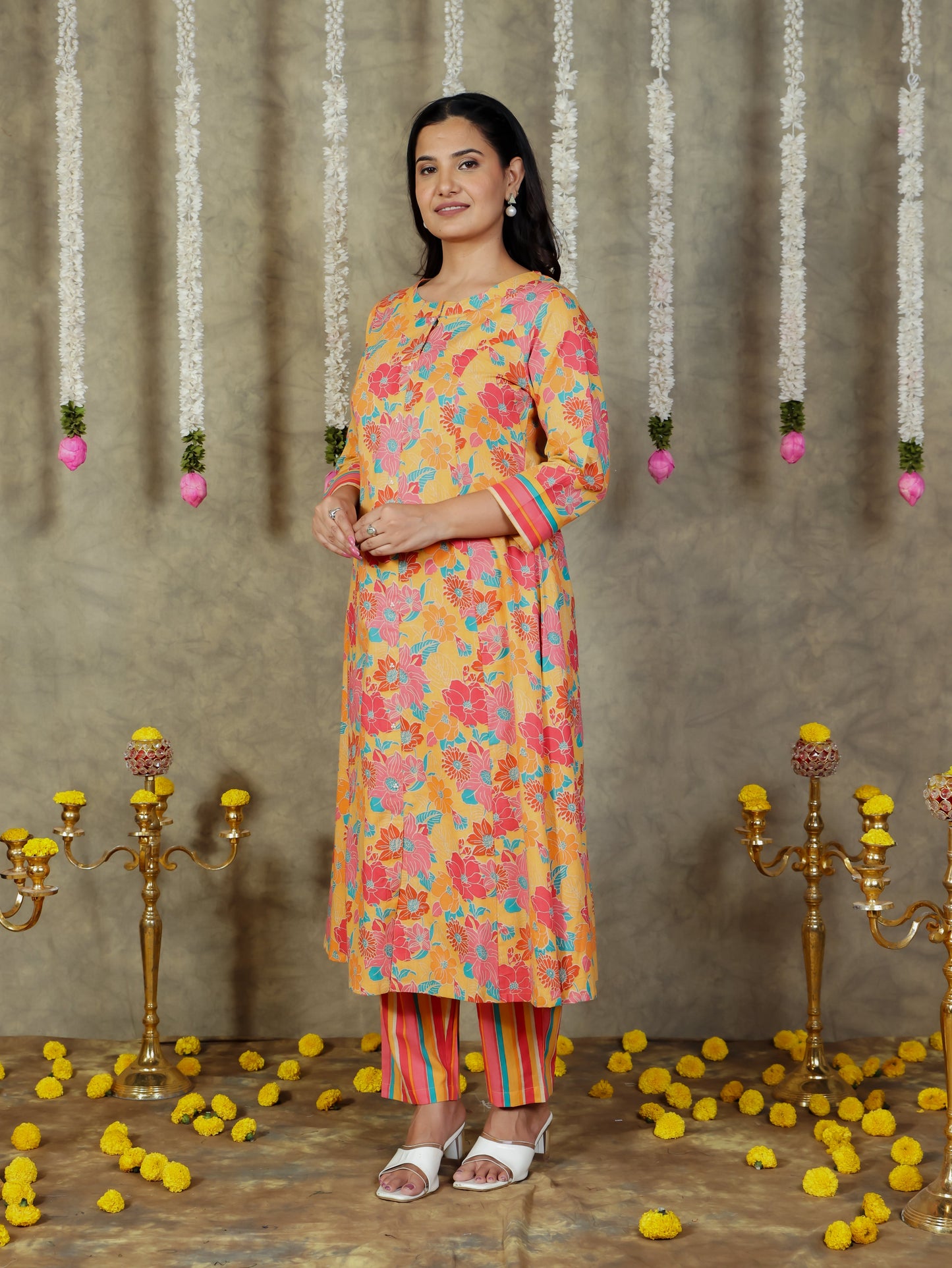Soft Cotton Floral A-line Yellow Kurta