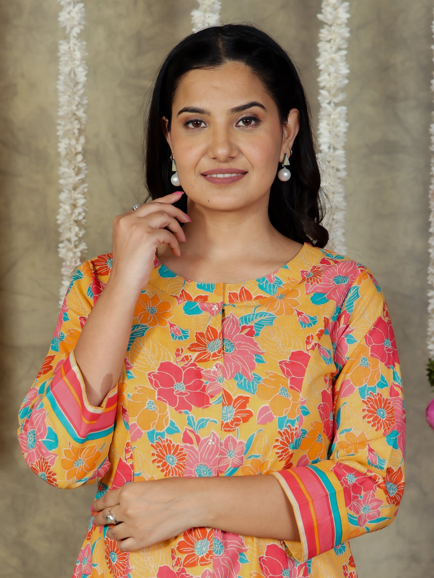 Soft Cotton Floral A-line Yellow Kurta