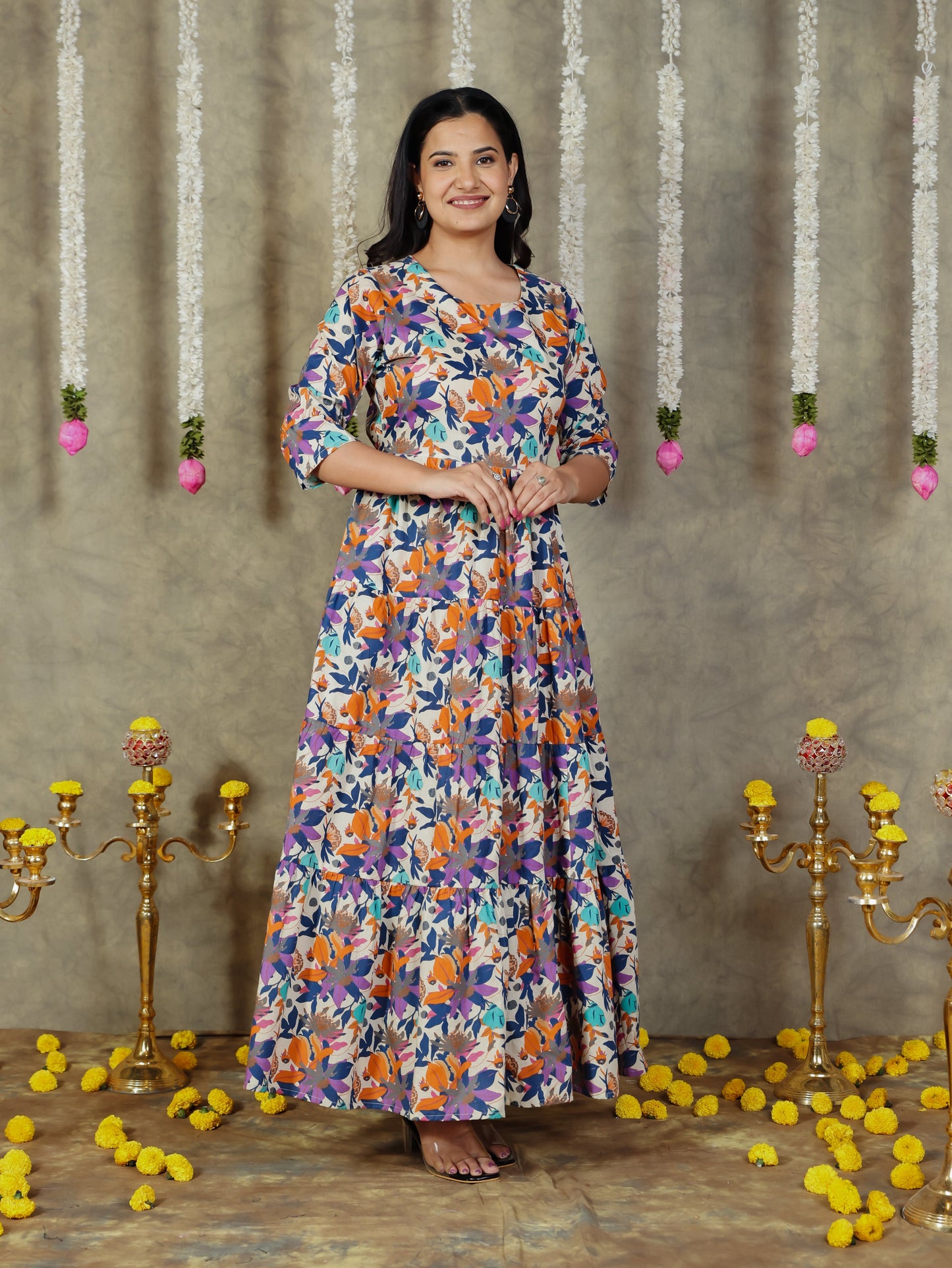 Soft Cotton Abstract Anarkali Multicolor Dress