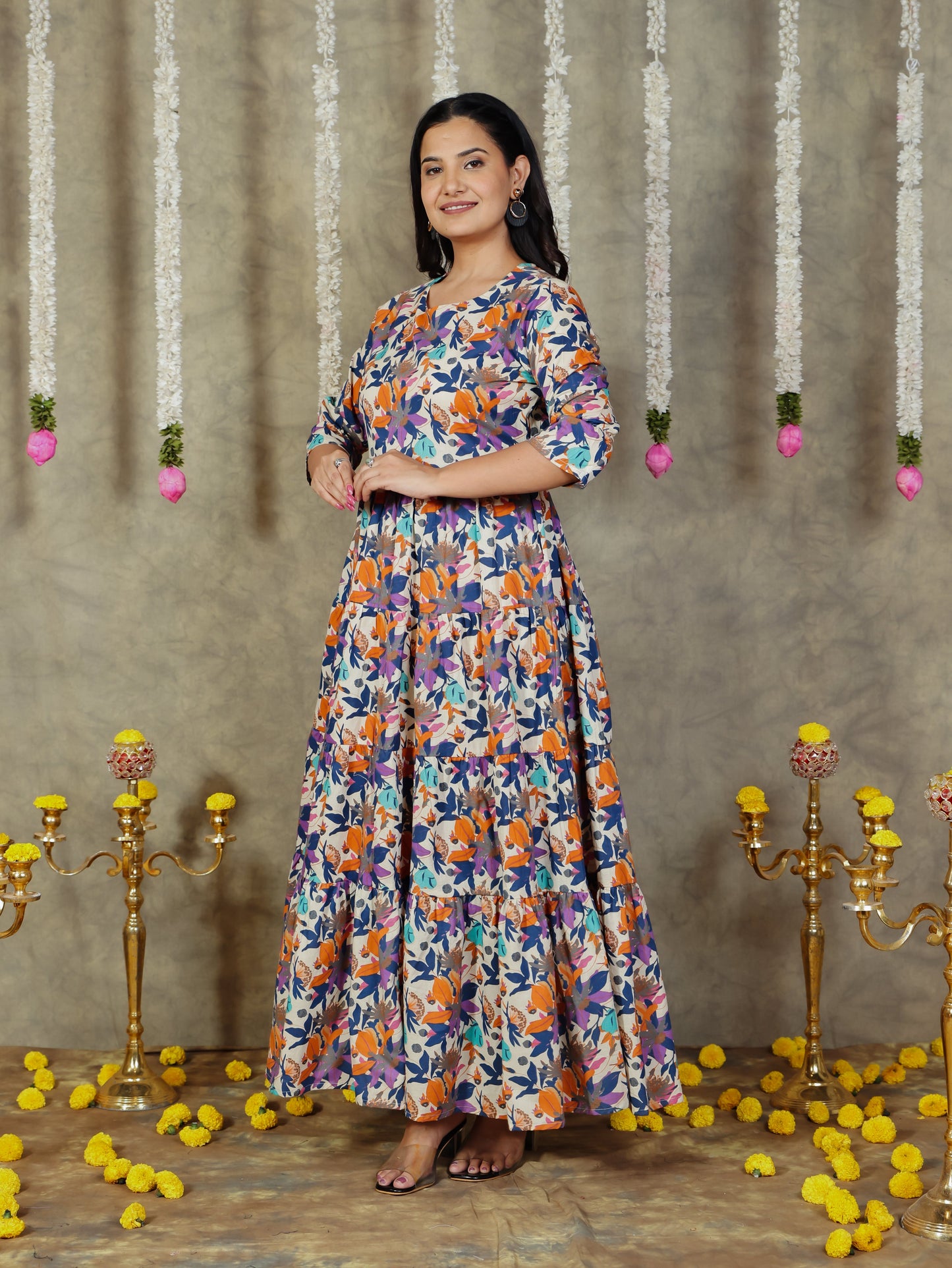 Soft Cotton Abstract Anarkali Multicolor Dress