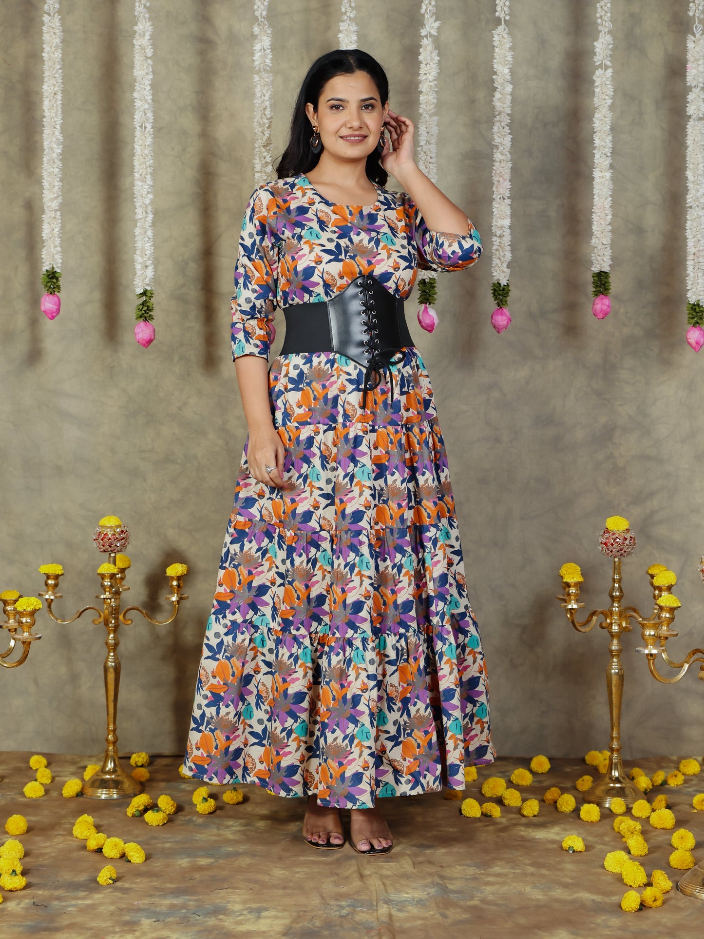 Soft Cotton Abstract Anarkali Multicolor Dress