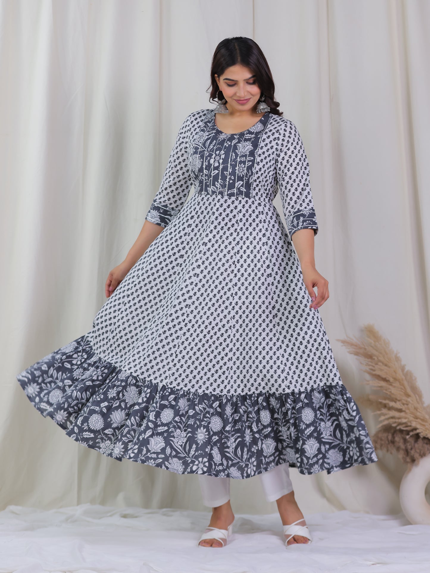 Embroidered Soft Cotton Floral Anarkali White Kurta
