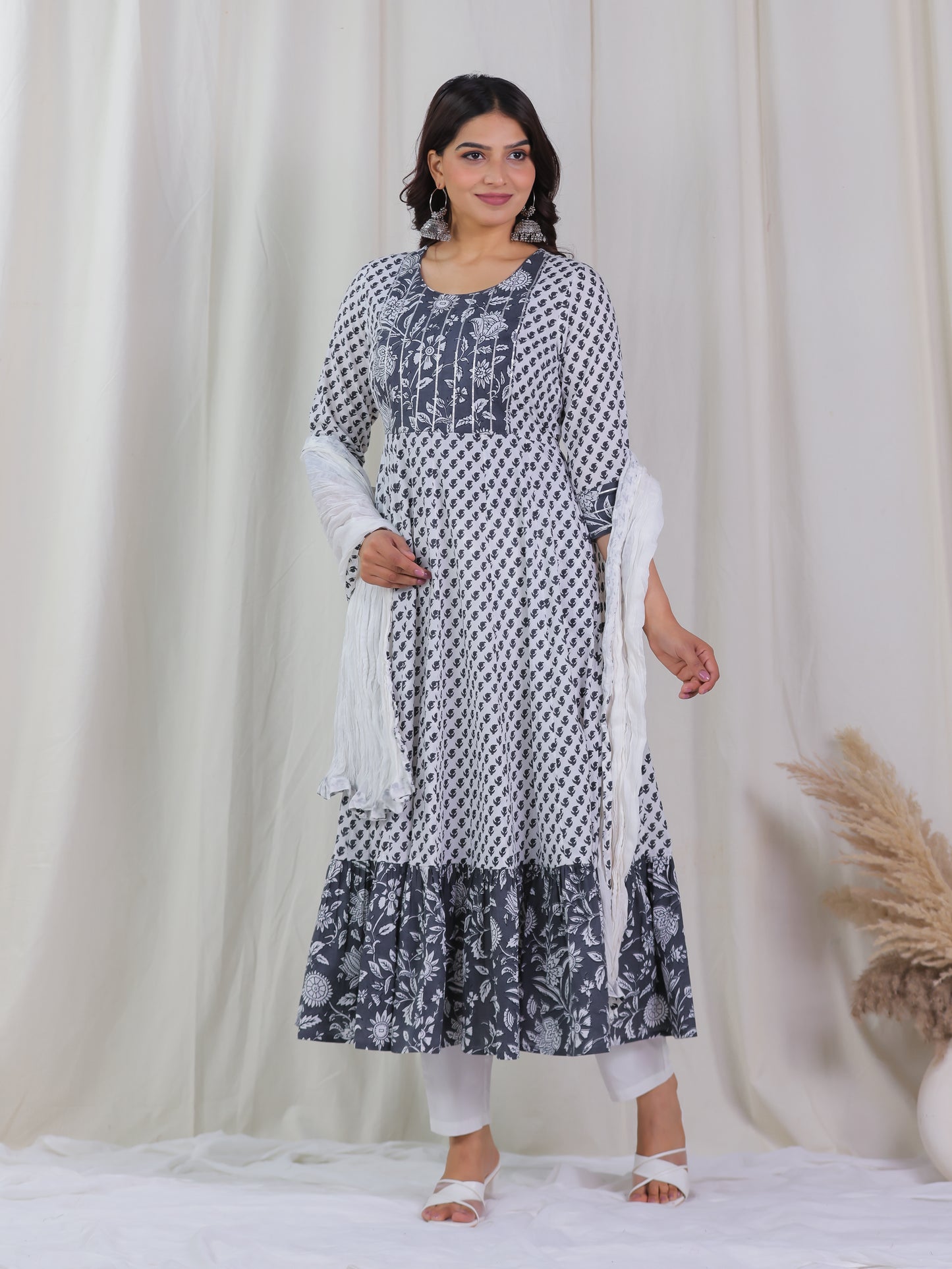 Embroidered Soft Cotton Floral Anarkali White Kurta