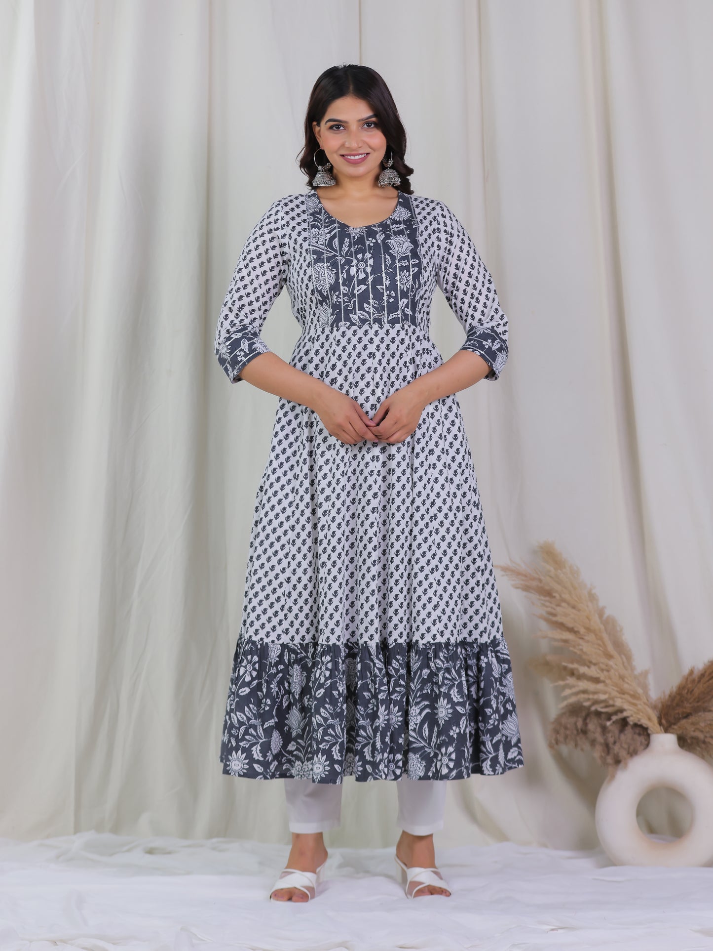 Embroidered Soft Cotton Floral Anarkali White Kurta