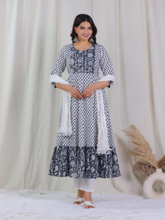 Embroidered Soft Cotton Floral Anarkali White Kurta