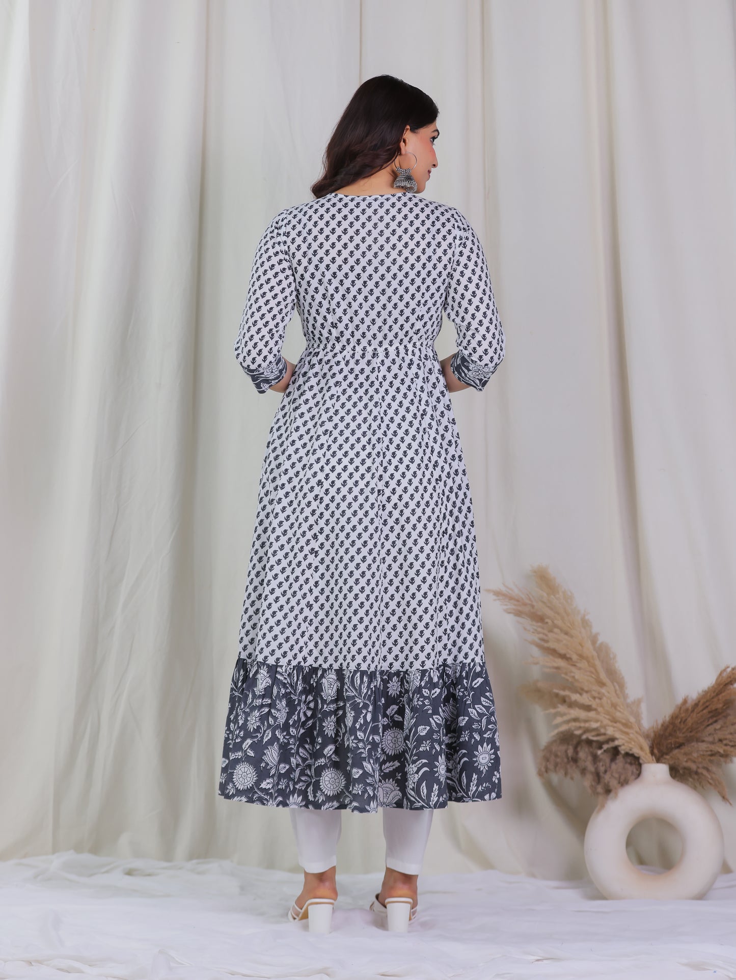 Embroidered Soft Cotton Floral Anarkali White Kurta
