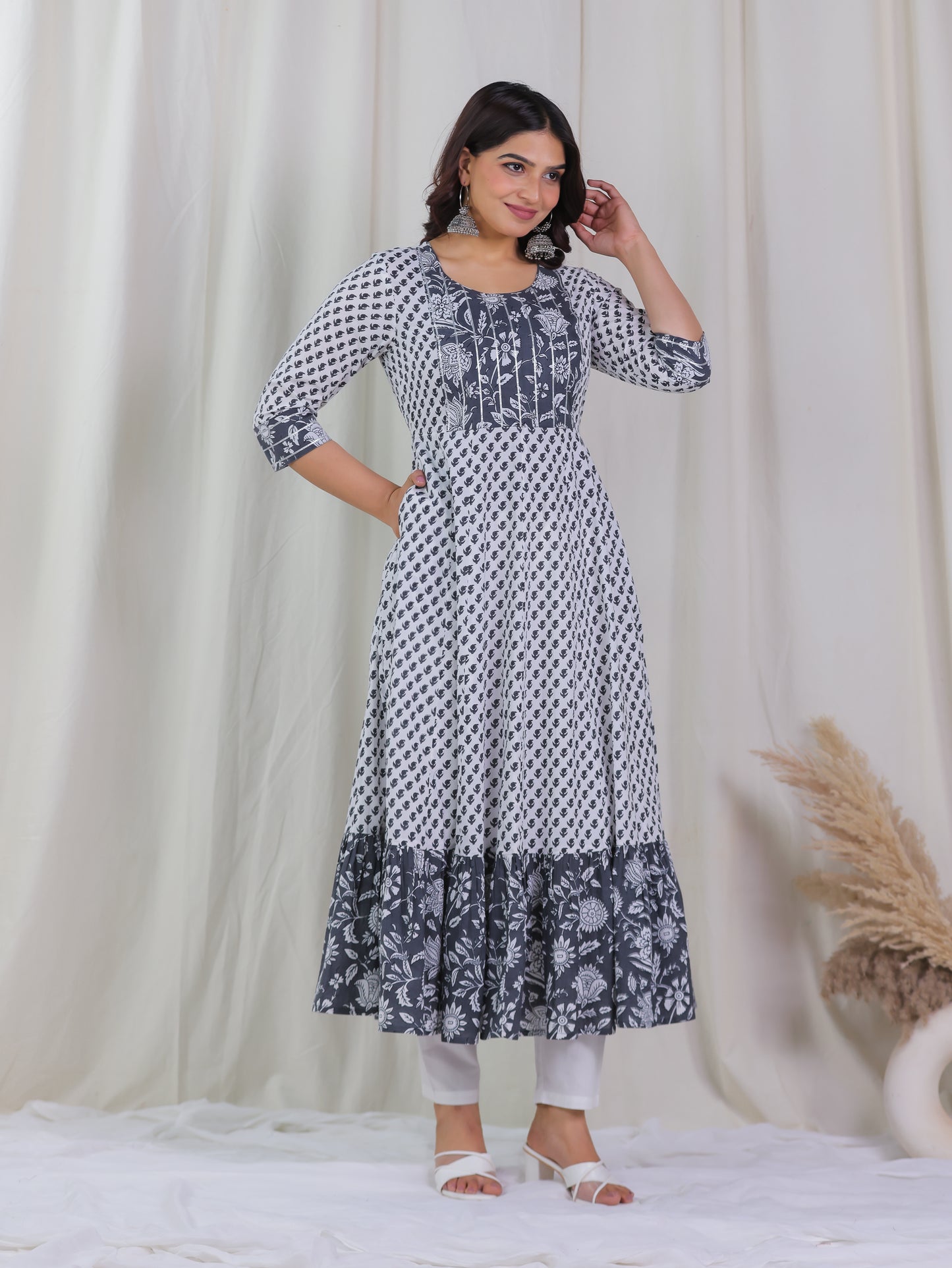 Embroidered Soft Cotton Floral Anarkali White Kurta
