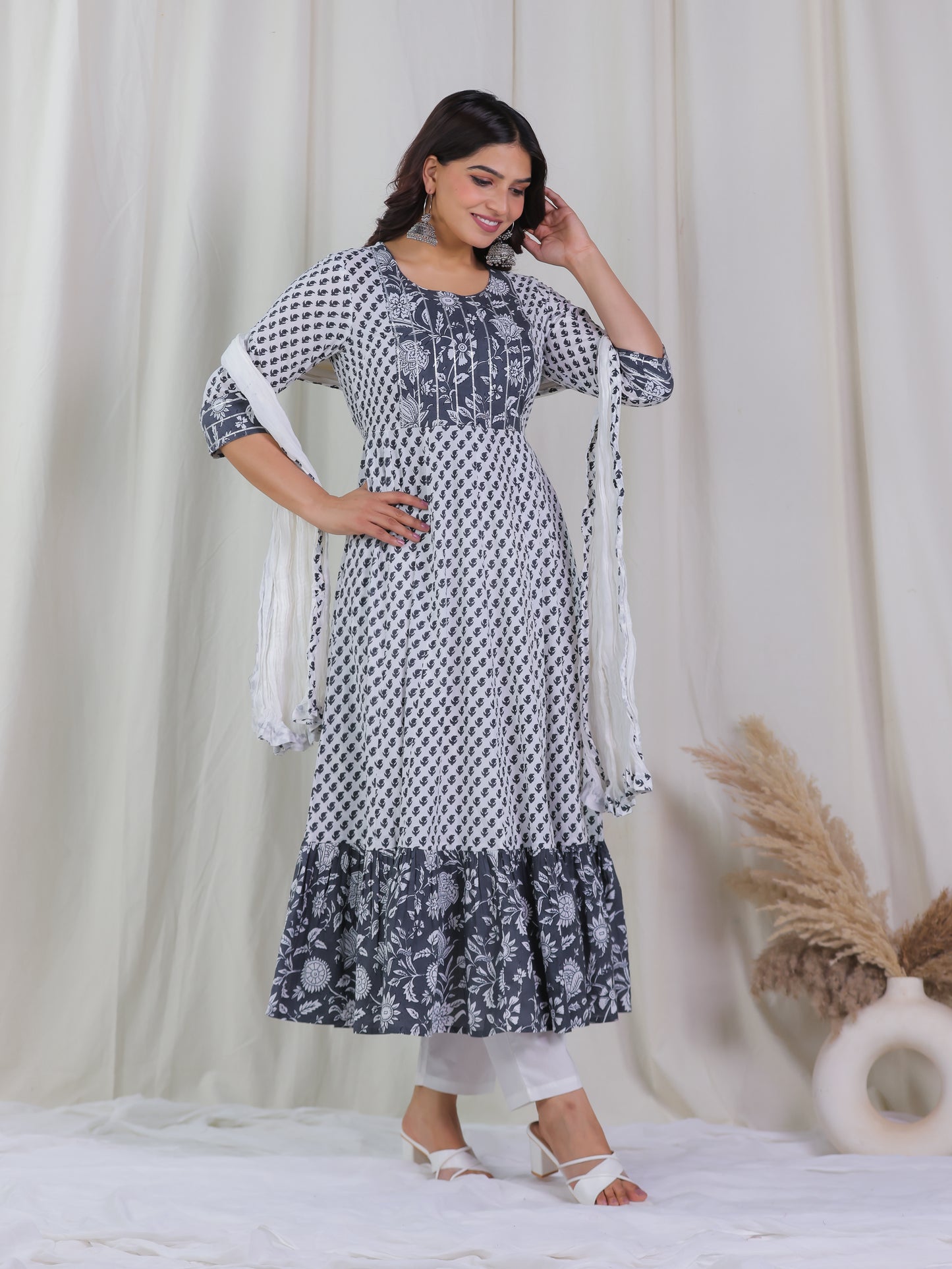 Embroidered Soft Cotton Floral Anarkali White Kurta
