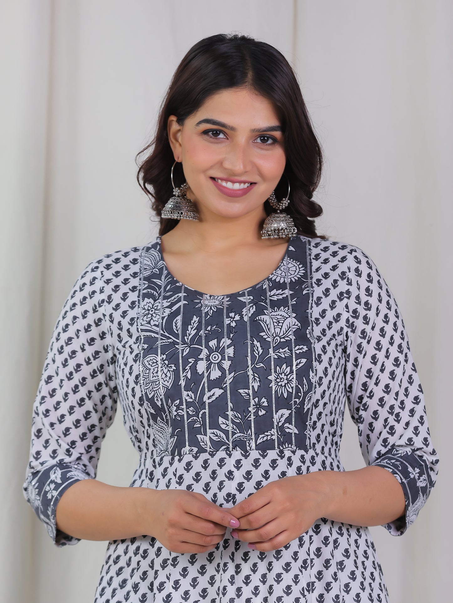 Embroidered Soft Cotton Floral Anarkali White Kurta