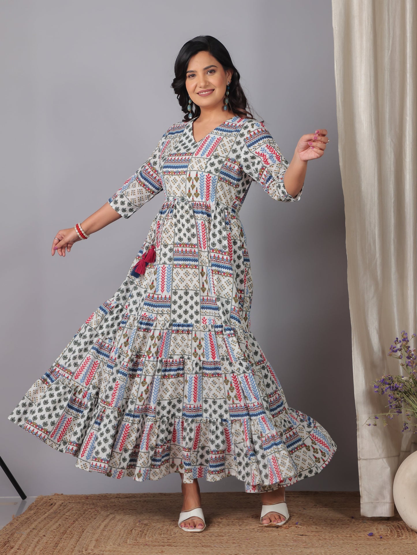 Soft Cotton Patchwork A-line Off White Dress