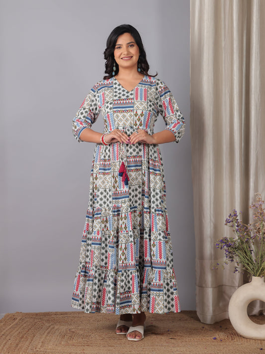 Soft Cotton Patchwork A-line Off White Dress