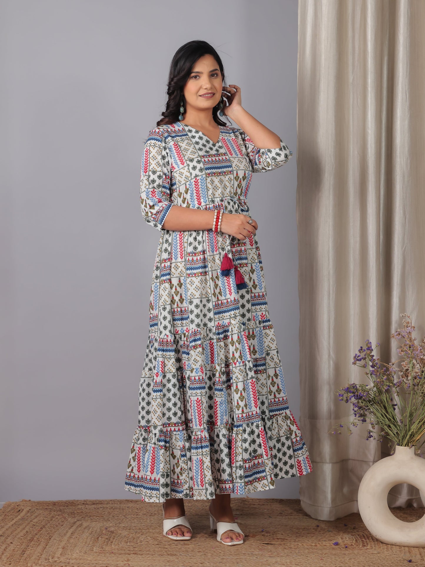 Soft Cotton Patchwork A-line Off White Dress