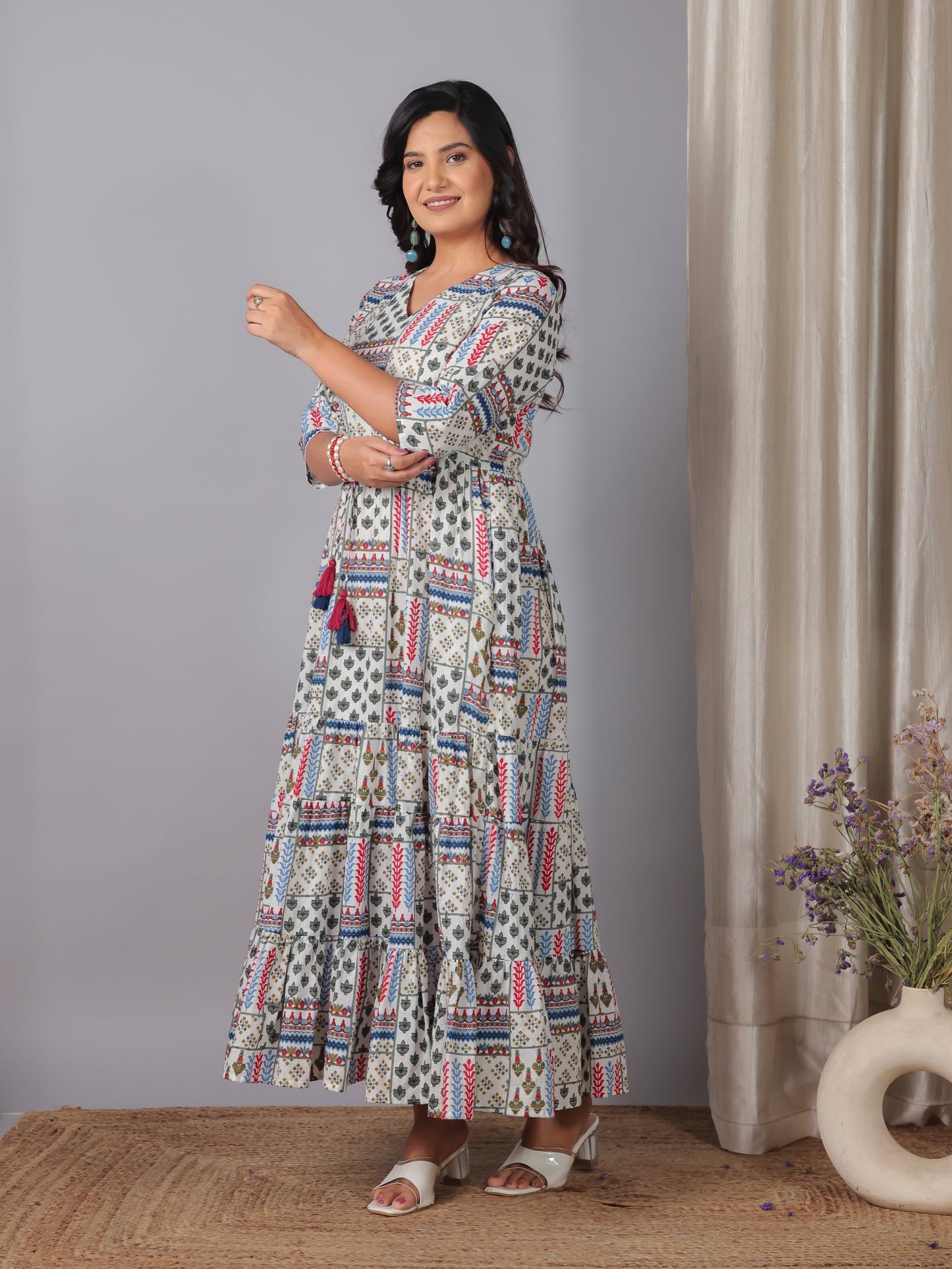 Soft Cotton Patchwork A-line Off White Dress