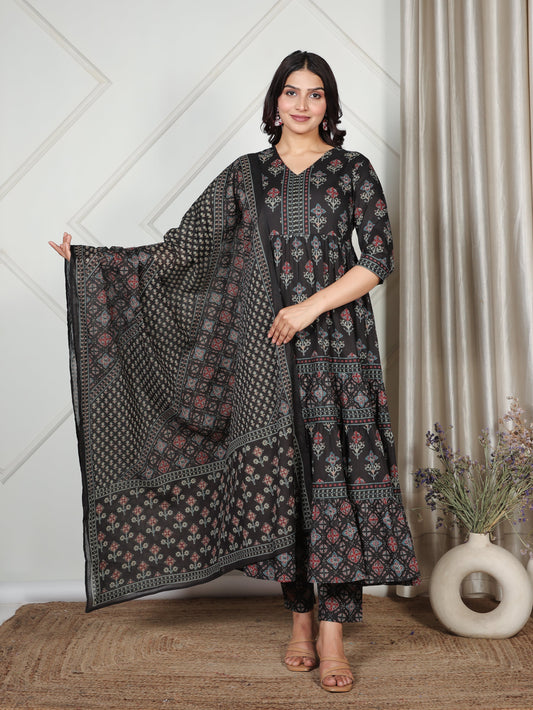 Cotton Voile Ajrakh Black Dupatta