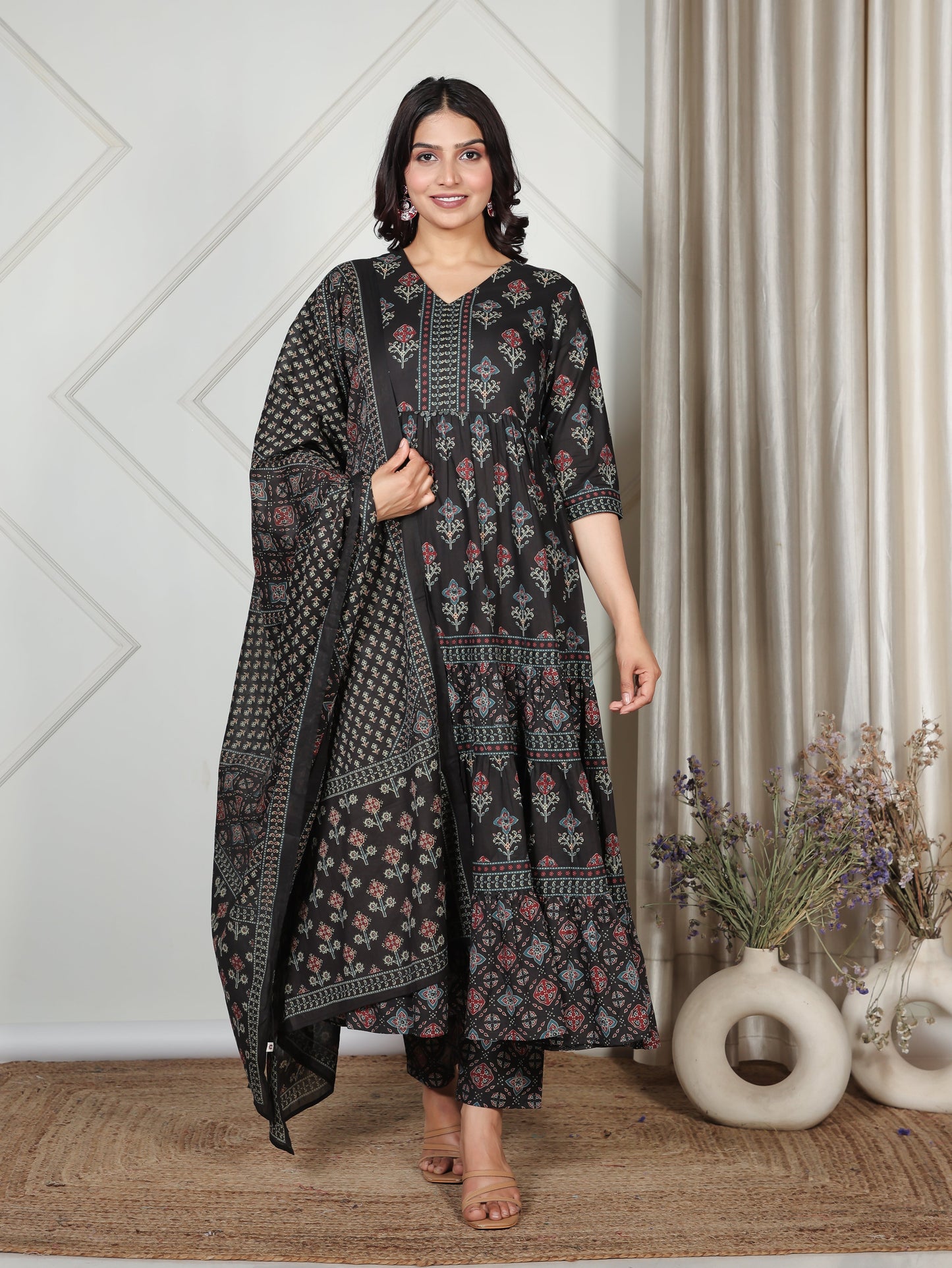 Cotton Voile Ajrakh Black Dupatta