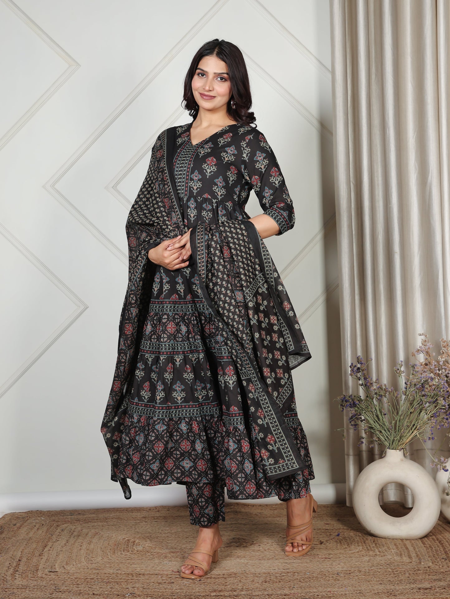 Soft Cotton Ajrakh A-line Black Kurta