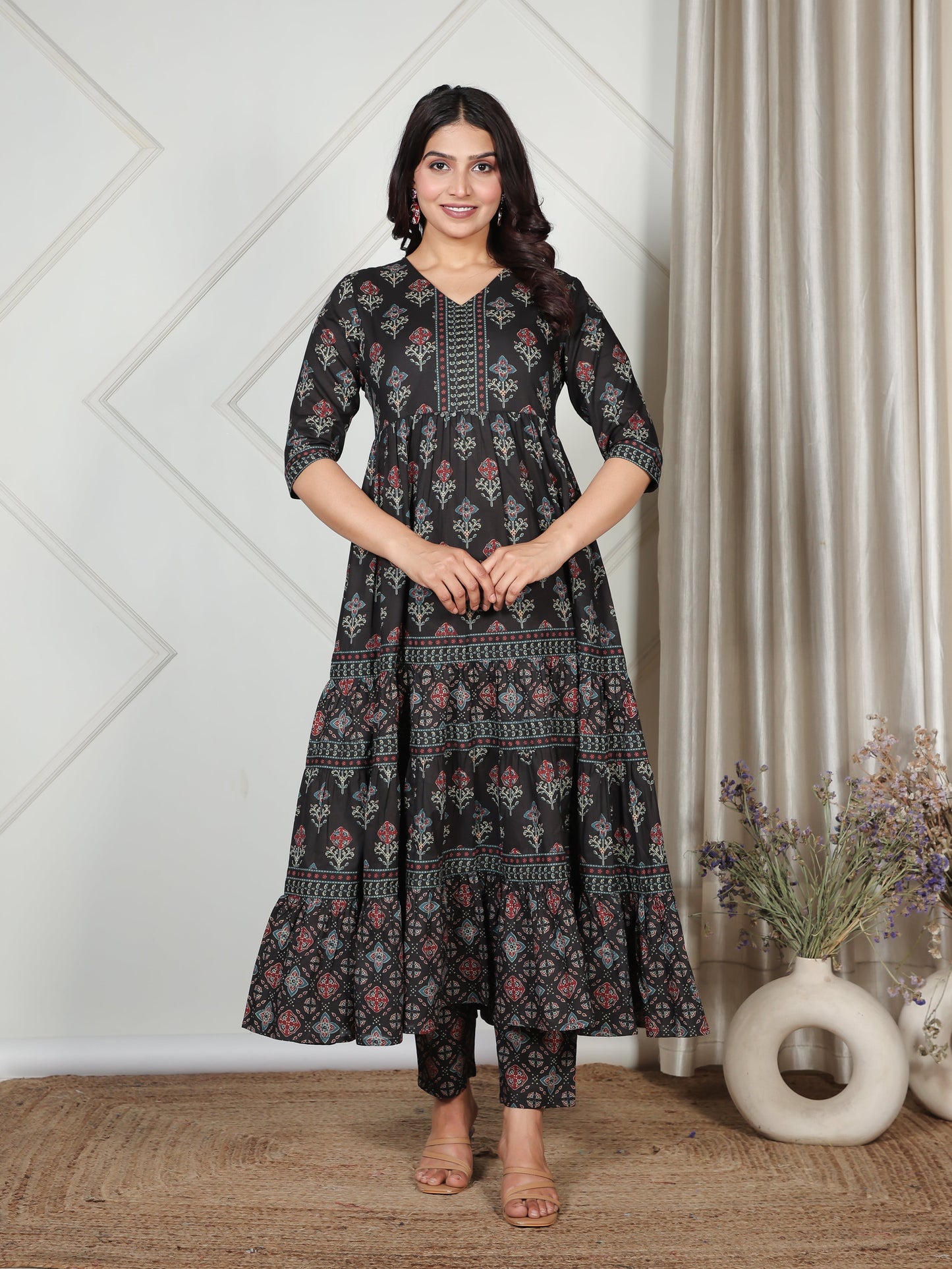 Soft Cotton Ajrakh A-line Black Kurta