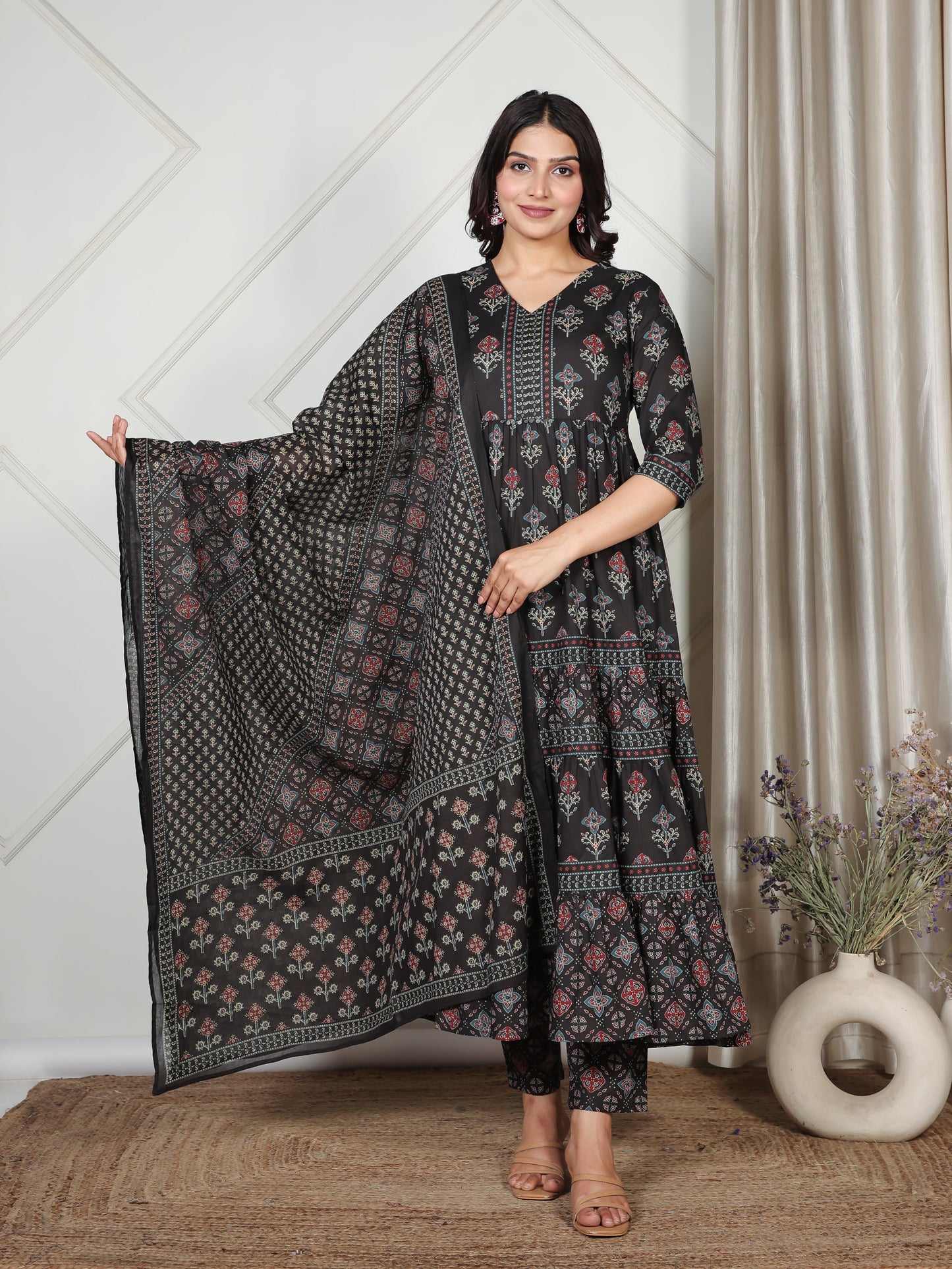 Soft Cotton Ajrakh A-line Black Kurta