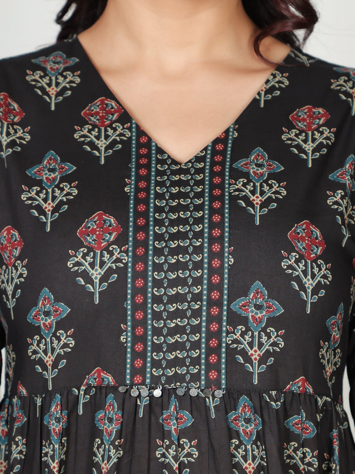 Soft Cotton Ajrakh A-line Black Kurta