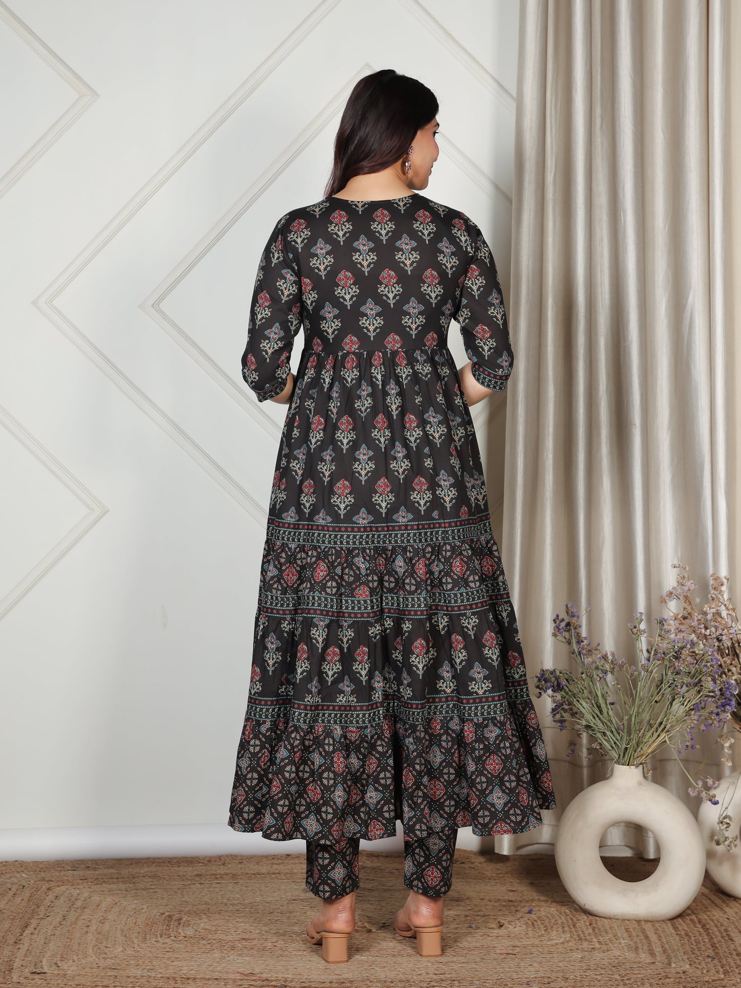 Soft Cotton Ajrakh A-line Black Kurta