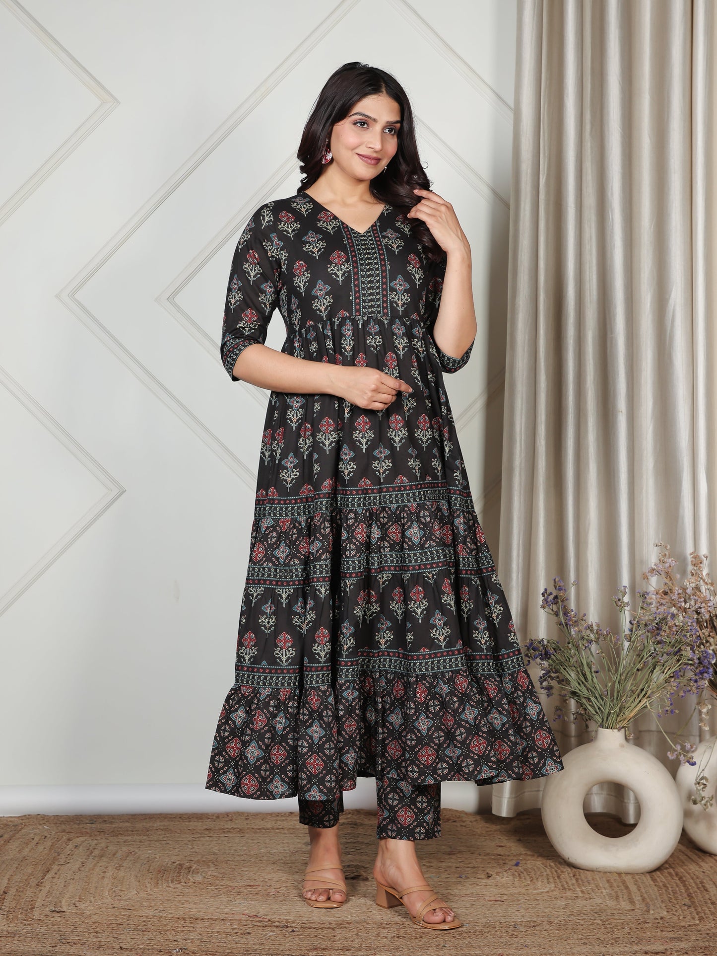 Soft Cotton Ajrakh A-line Black Kurta