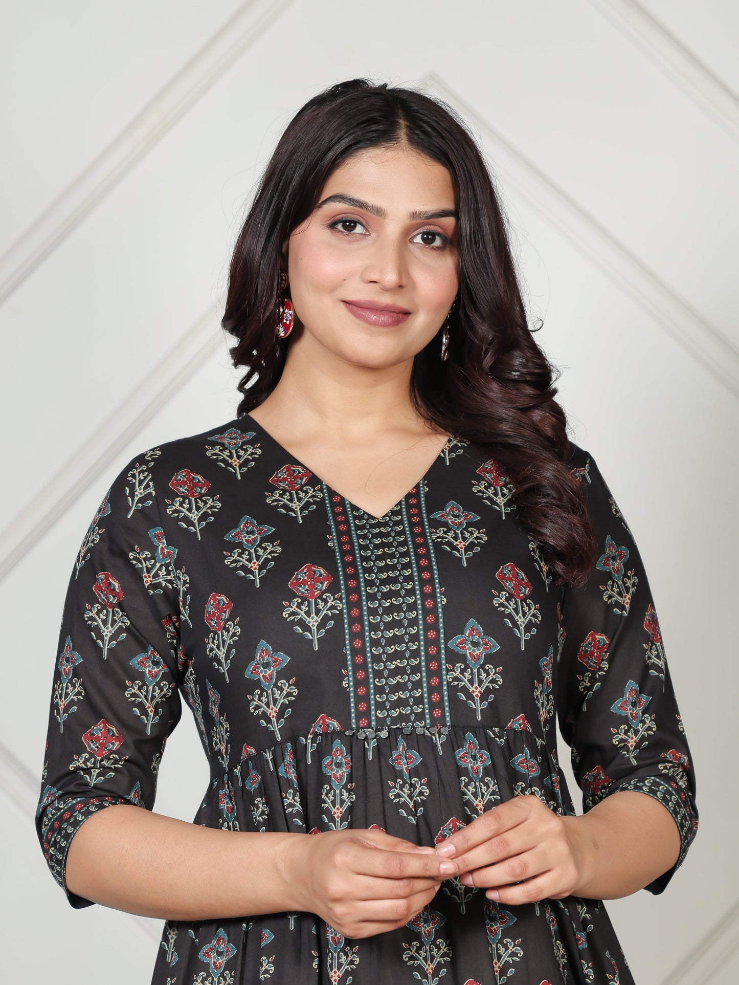 Soft Cotton Ajrakh A-line Black Kurta