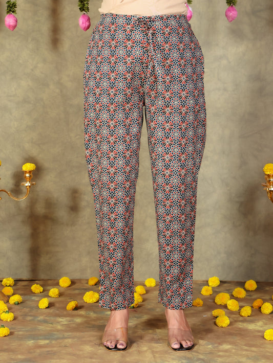 Soft Cotton Geometric Navy Blue Tapered Trousers
