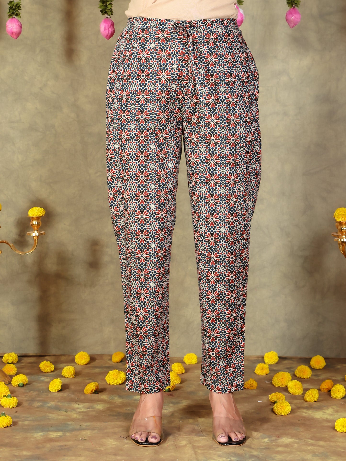 Soft Cotton Geometric Navy Blue Tapered Trousers